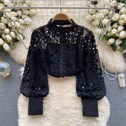 Mesh Hollowed Out Blouse Long Sleeve Vest Shirt