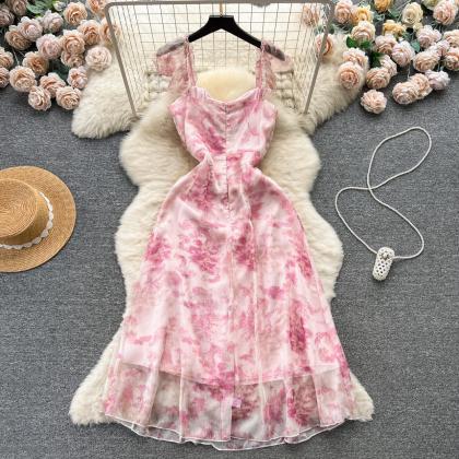 French Floral Fly-sleeve Ruffle Dress
