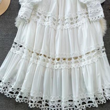 Round Neck Long-sleeved Lace Hollow Patchwork..
