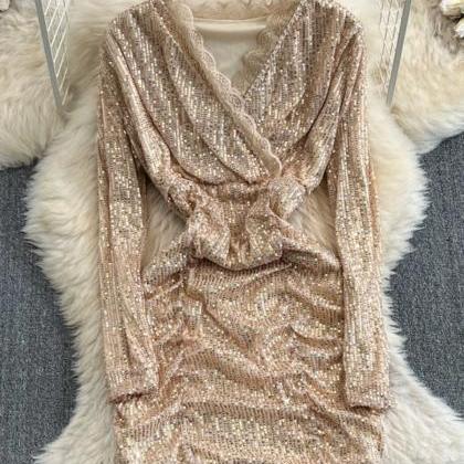 Sexy Sparkling Sequin V-neck Pleated Bodycon Dress