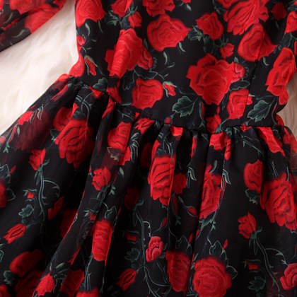 Elegant Rose Print Lotus Sleeve Dress Fh31202jg