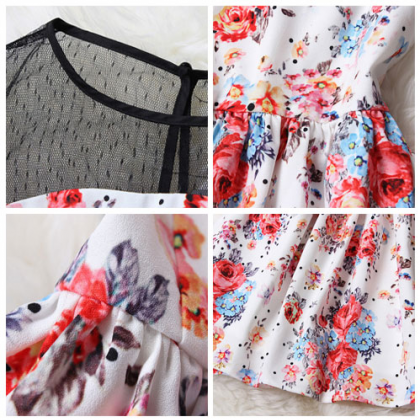 Floral Print Splicing Sleeveless Mesh Top Flared..