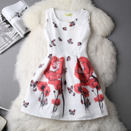 Slim Sleeveless Vest Butterfly Print Dress..