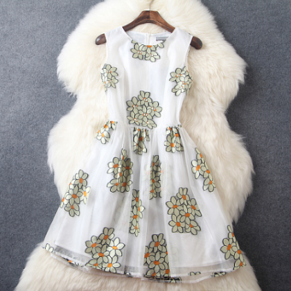 Round Neck Sleeveless Embroidered Organza Dress..