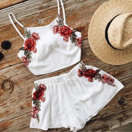 White Floral Embroidered Two-piece Featuring..