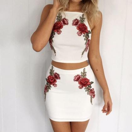 White Two-piece Floral Embroidered Dress