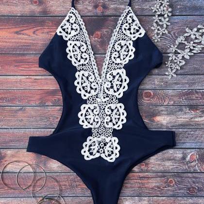 Solid Color Sexy Lace One Piece Swimwear 33108