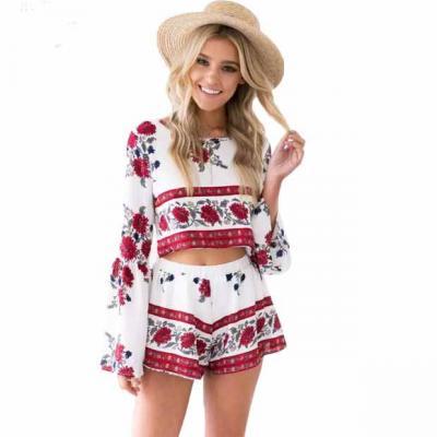 Boho Floral Print Sexy Backless Flared Sleeve Two Pieces Women Jumpsuit Romper Summer Elegant Short Ovaralls Beach Playsuit