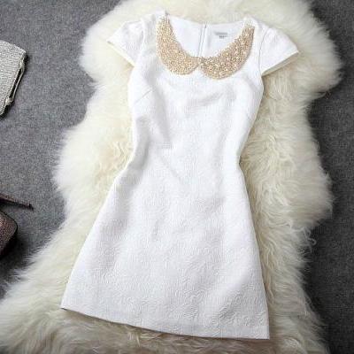 Cute Doll Collar Pearl Rivet White Dress FG8JH