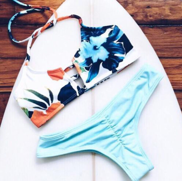 Print Hollow Out Beach Bikini Set Swimsuit Swimwear