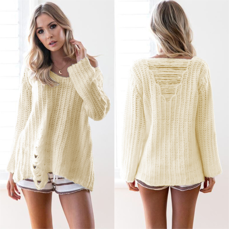 Fashion White Sweater Back Hollow Long Sleeve Top