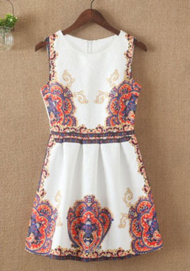 White Retro Style Sleeveless Jacquard Dress