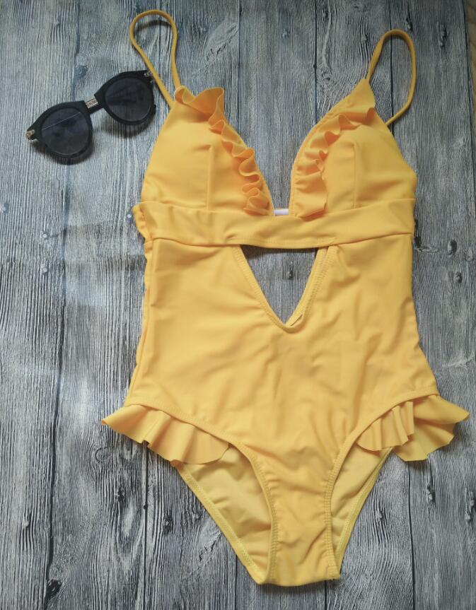 Solid Color Fashion Yellow One Piece Swimwear