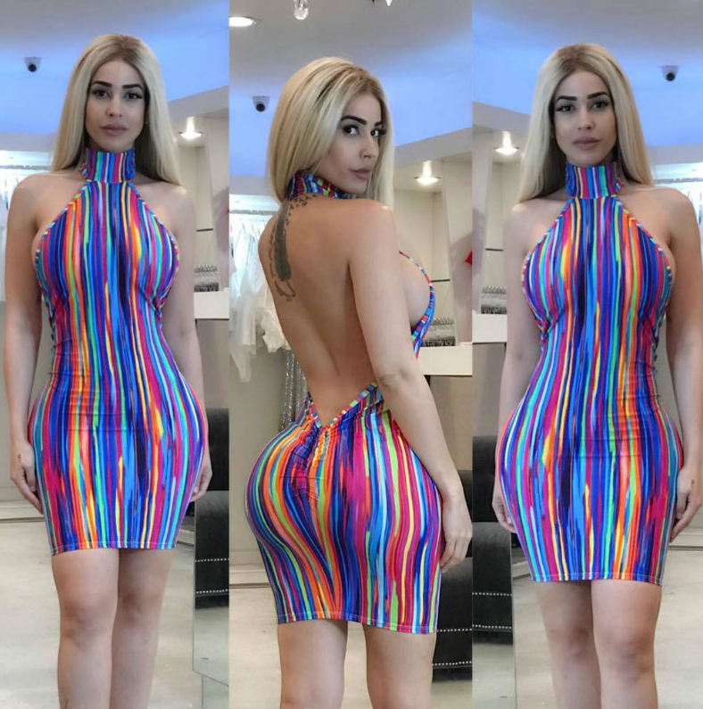 Sexy Slim Hanging Neck Stripe Backless Dress