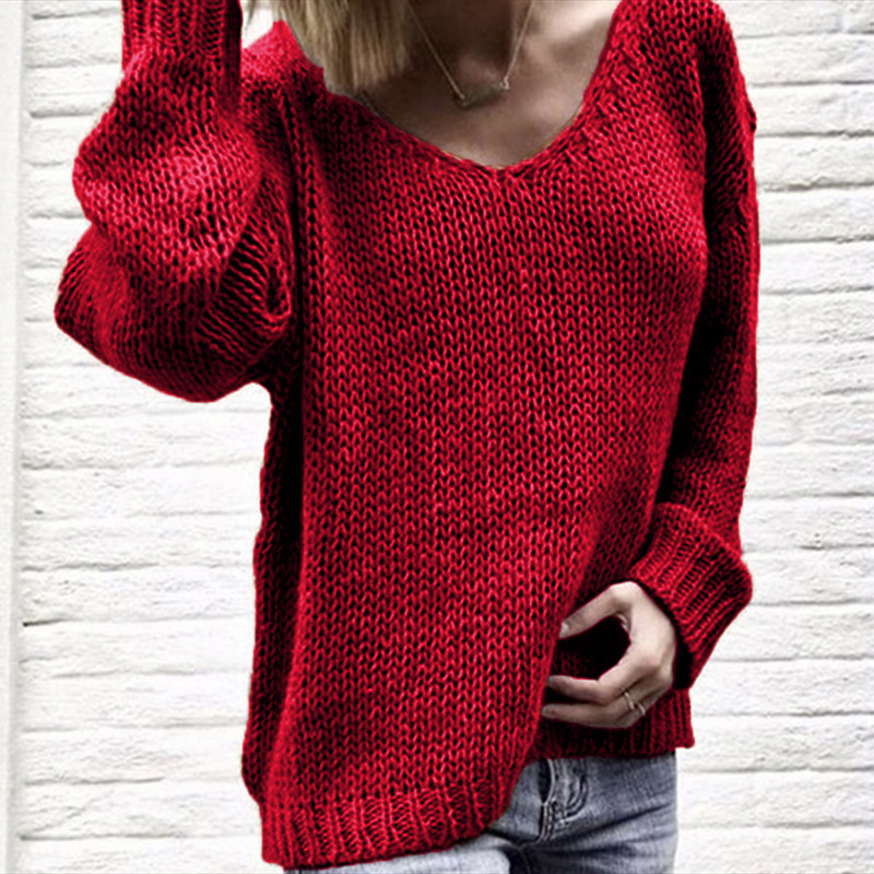 Large Size Loose Long Sleeve V-neck Off-the-shoulder Knit Sweater