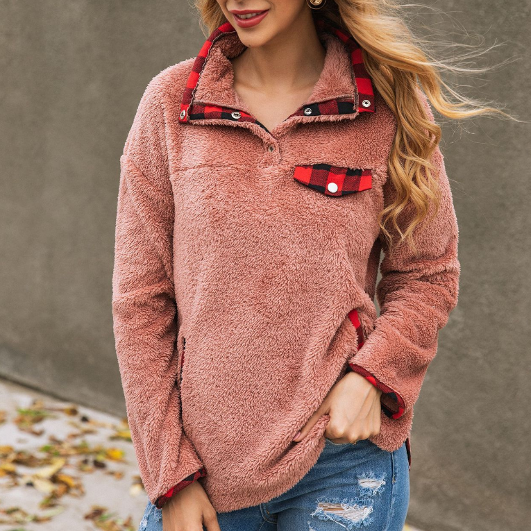 Loose Long Sleeve Plaid Pocket Button Sweater