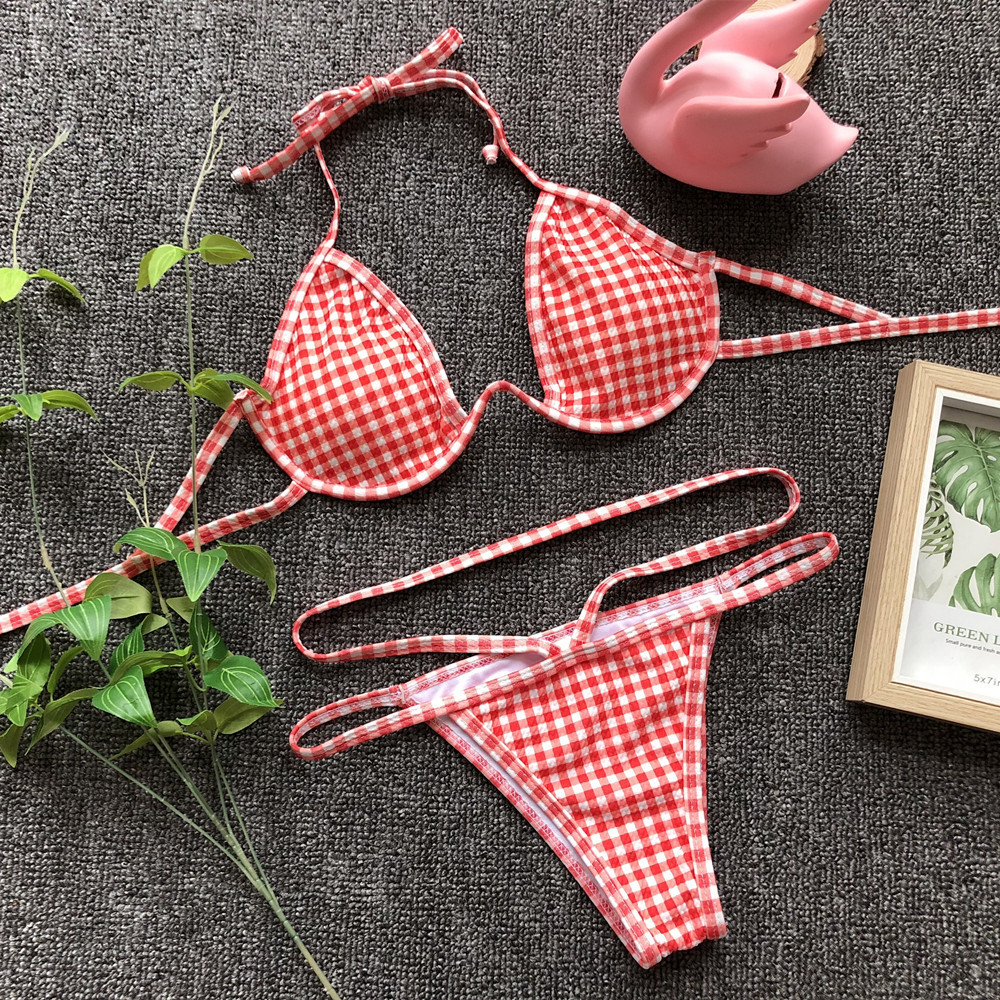 Gingham Print Halter Cut Out Bikini Sets