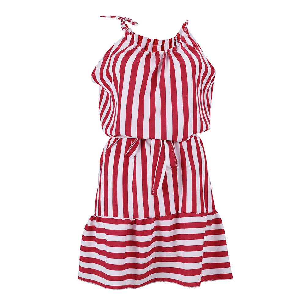Red And White Stripes Halter Neck Short Casual Dress