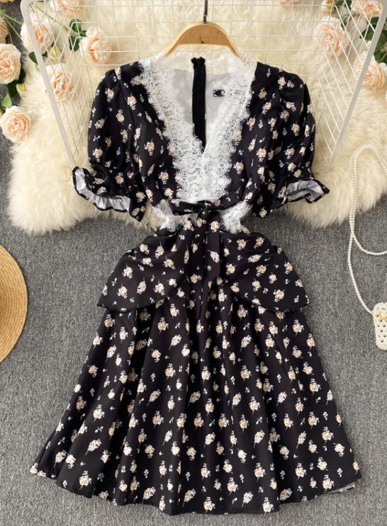 Vintage Lace Chiffon Floral Dress