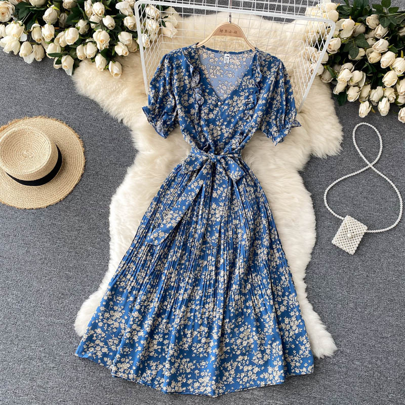 Sweet Slim Floral Short Sleeve High Waist Dress
