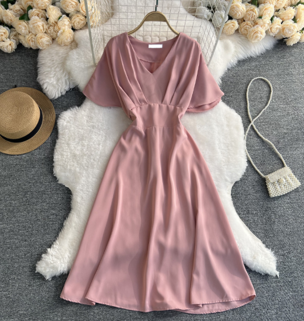 V-neck Solid Color Short-sleeved High-waist Dress