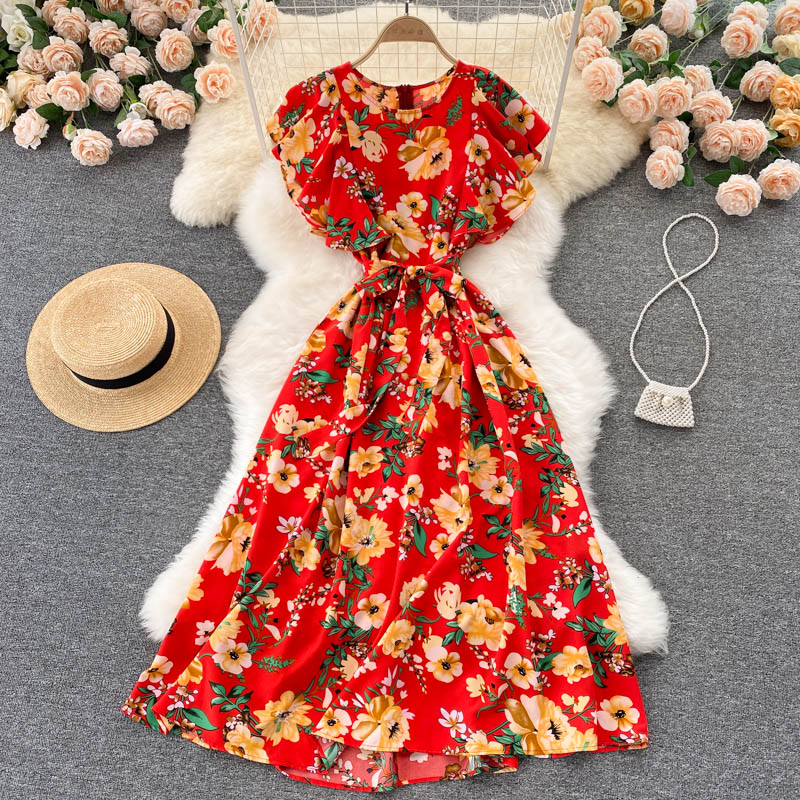Vibrant Floral Red Maxi Dress with Belted Waist