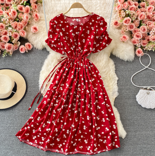 Vintage Puff Sleeves Round Neck Floral Dress on Luulla