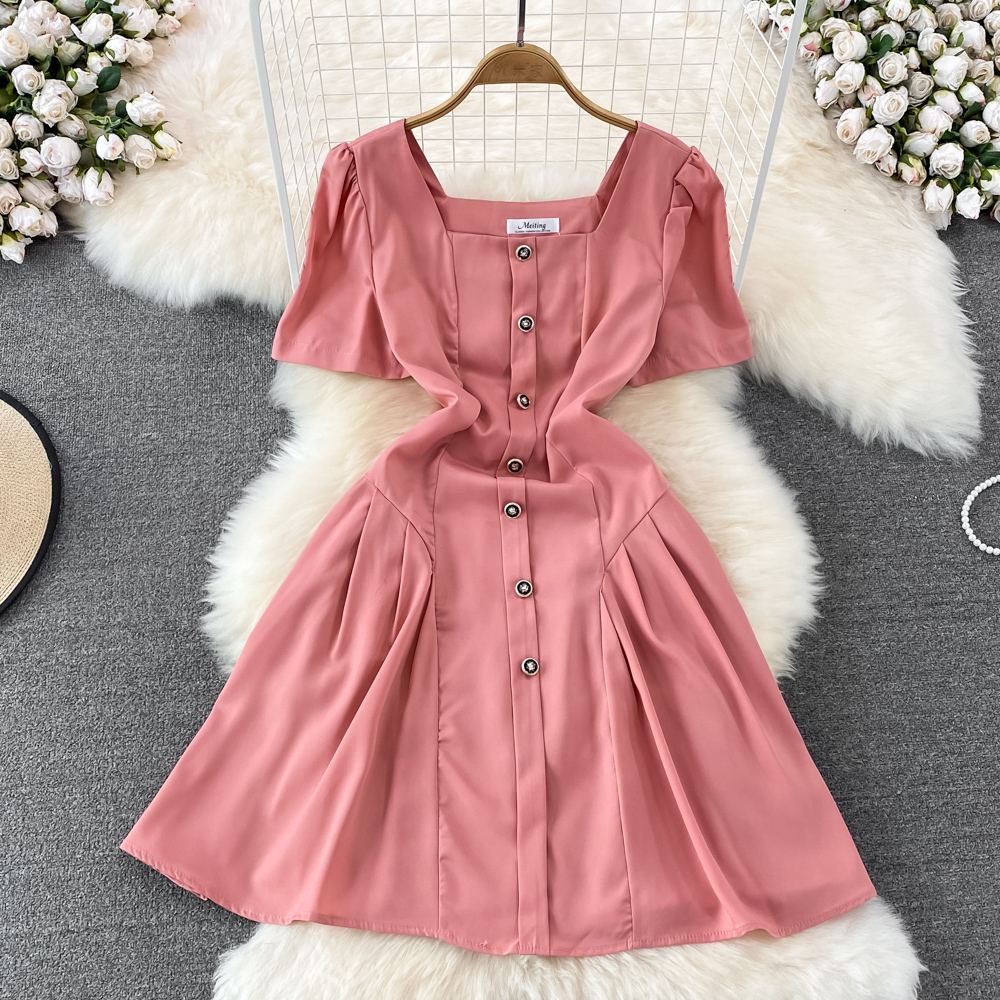 Solid Color Elegant Breasted Bubble Short Sleeve Dress