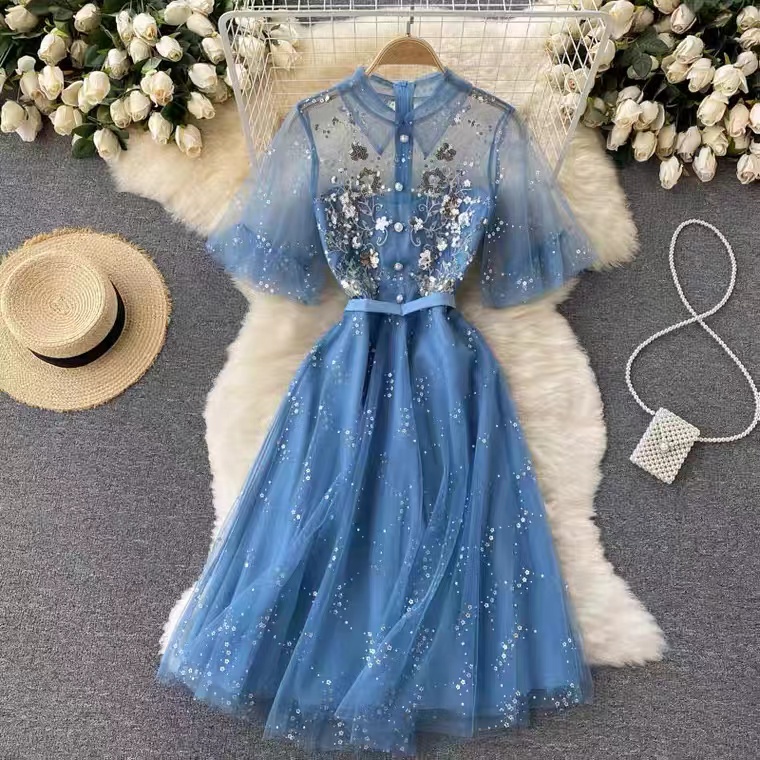 star embroidered dress Floral Embroidered Sheer Blue Midi Dress