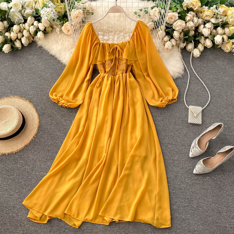 Long Sleeve Vintage Bubble Sleeve Chiffon High Waist Dress