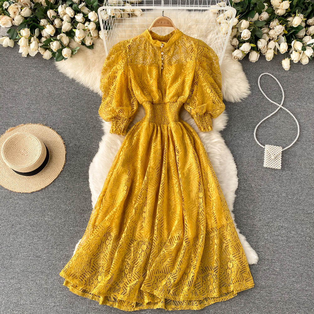 Vintage Elegant Lace Temperament Bubble Sleeve Dress