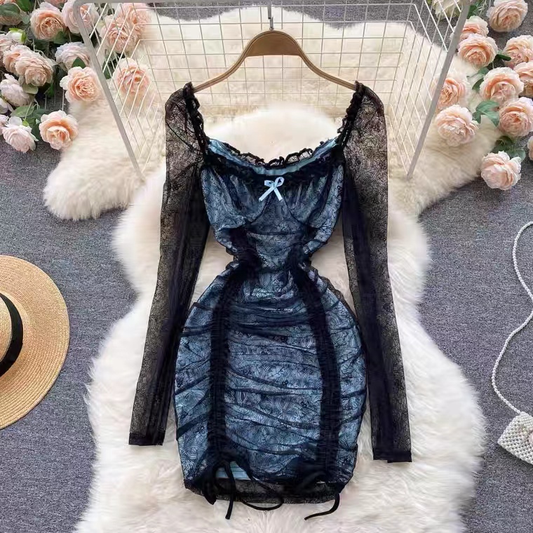 Lace Mesh Long Sleeve Bodycon Mini Dress