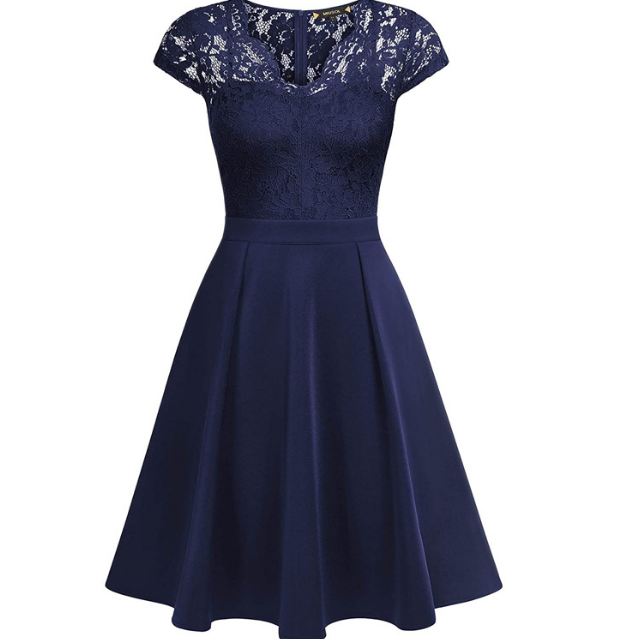 Solid Color Temperament V-neck Short Sleeved Lace Dress