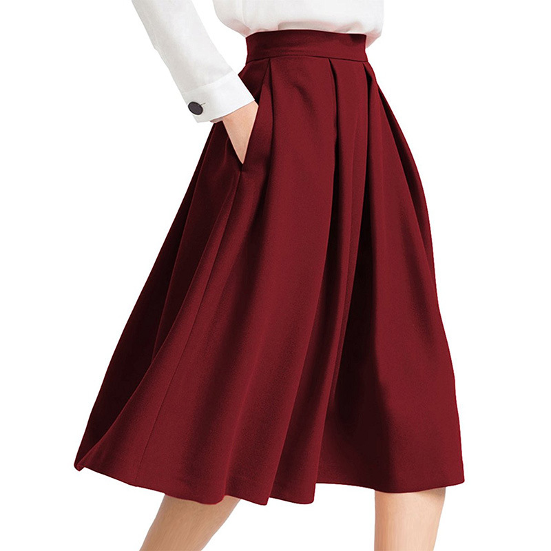 Burgundy High Rise Pleated A-line Knee Length Skirt