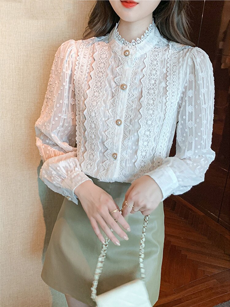 Spring Autumn Women White Lace Blouse Shirt Women Tops Long Sleeve