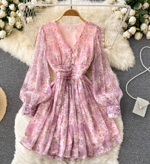 Vintage Chiffon Floral Temperament V-neck Bubble Sleeve Printed Dress