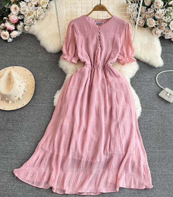 Elegant Solid Color Temperament Bubble Short Sleeve V-neck Dress