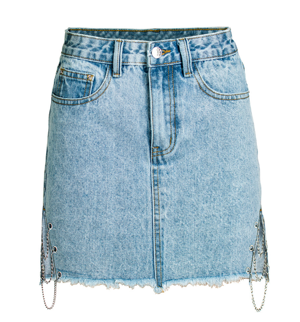 Solid Color High Waisted Blue Chain Hip Lifting Denim Skirt