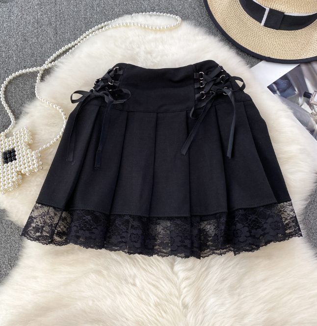 Sweet Solid Color High Waisted Lace Skirt