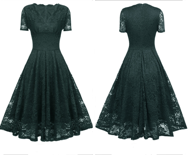 Vintage Women's V-neck Lace Short Sleeve Dress