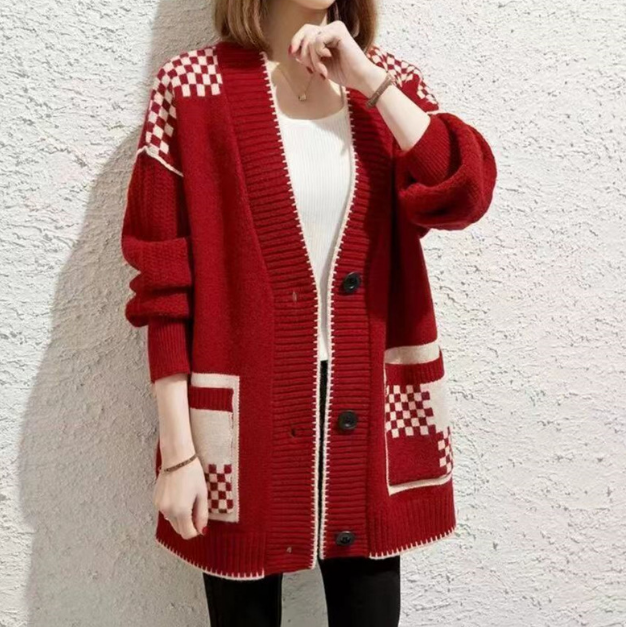 Women's Loose V-neck Sweater Knitted Cardigan Jacket