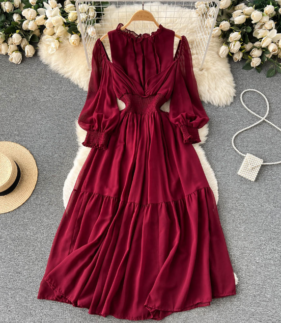 Solid Color Off Shoulder Long Sleeve Bubble Sleeve Dress