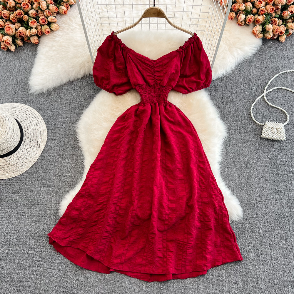 Off-Shoulder Red Puff Sleeve Midi Dress