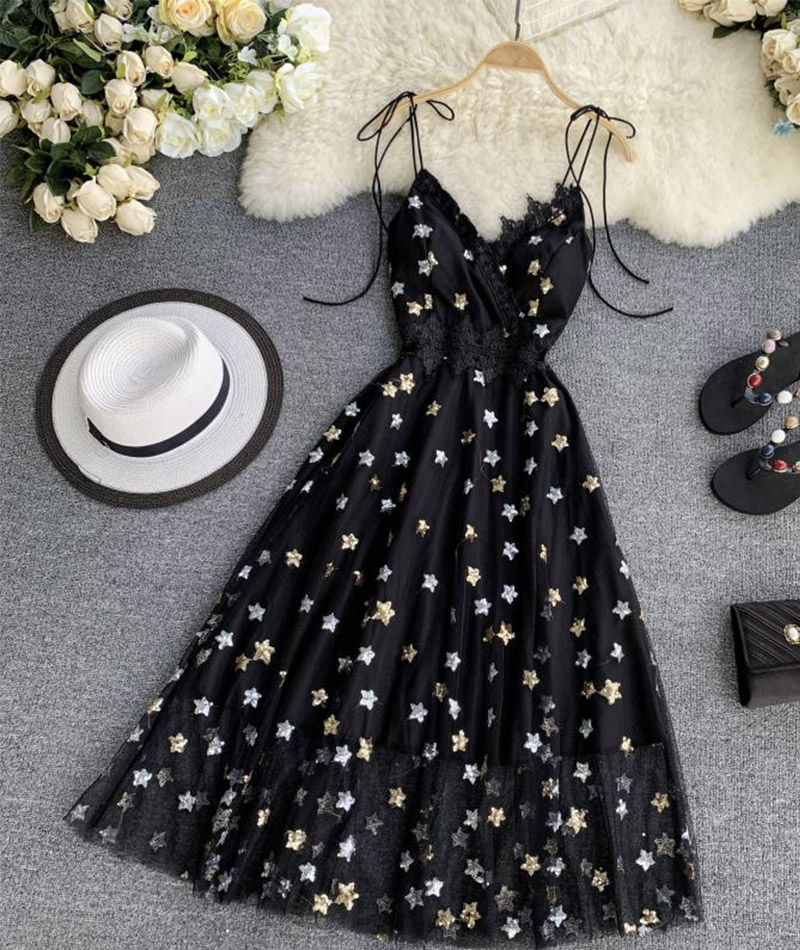 Floral Lace Spaghetti Strap Starry Midi Dress