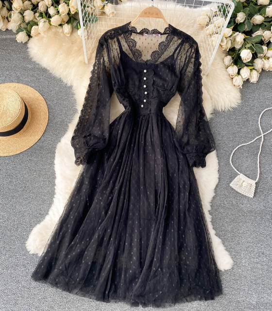 Mesh Sweet Temperament Solid Color Long Sleeved Dress