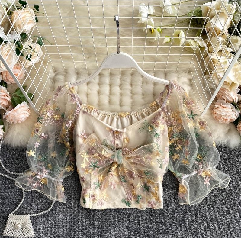 Floral Embroidery Mesh Blouse