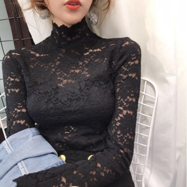 Elegant Long Sleeve Solid Lace Blouse