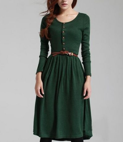 Vintage Style Front Button Long Sleeve Dress In Green And Black