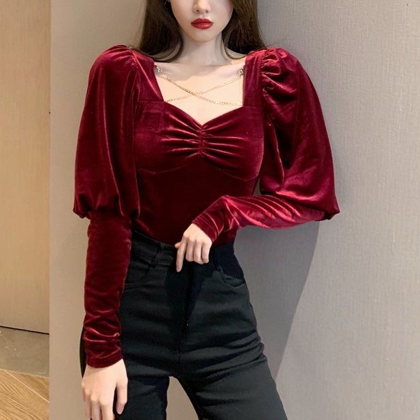 Sexy Long Sleeve Velvet Shirt Top