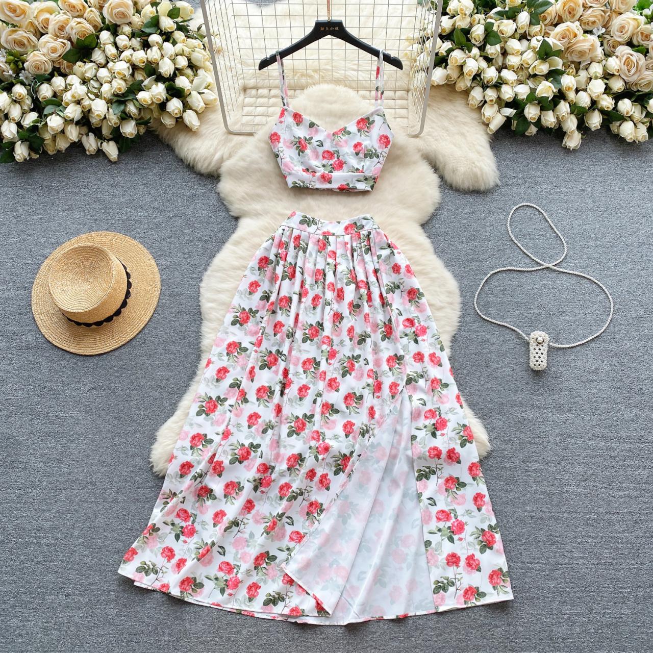 Sweet High Waist Pleated Skirt Vacation Style Two-piece Set